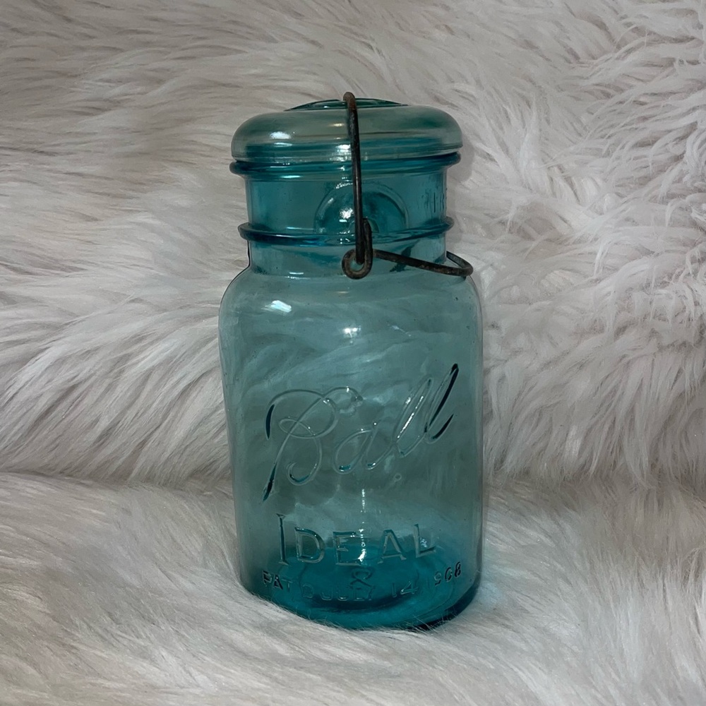 Vintage Aqua Blue Ball Ideal Pat. 1908 Quart Canning Jar with Wire Bail & Lid #8